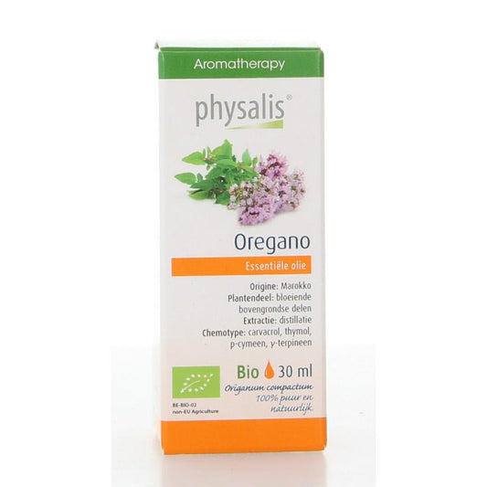 Physalis bio oregano herb extract in 30ml bottle, part of Physalis kruidenpreparaten, with fresh oregano leaves and label.