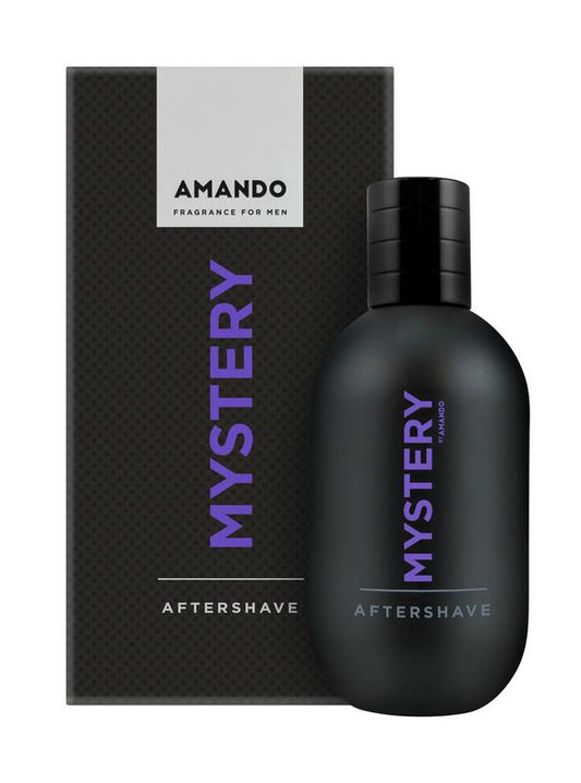 Amando Mystery aftershave bottle, 100ml, for shaving and grooming, featuring a sleek design and label with brand name.