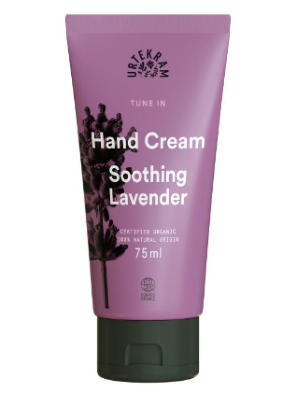 Urtekram Tune in soothing lavender handcream in a 75ml tube, designed for gentle hand skincare and hydration.