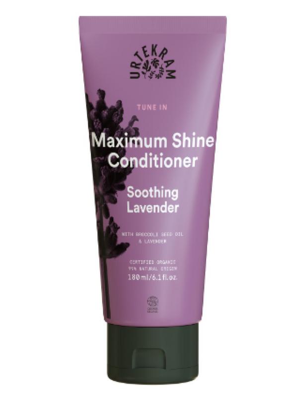 Urtekram Tune in lavender conditioner bottle for hair care, 180ml, with lavender scent and soothing formula.