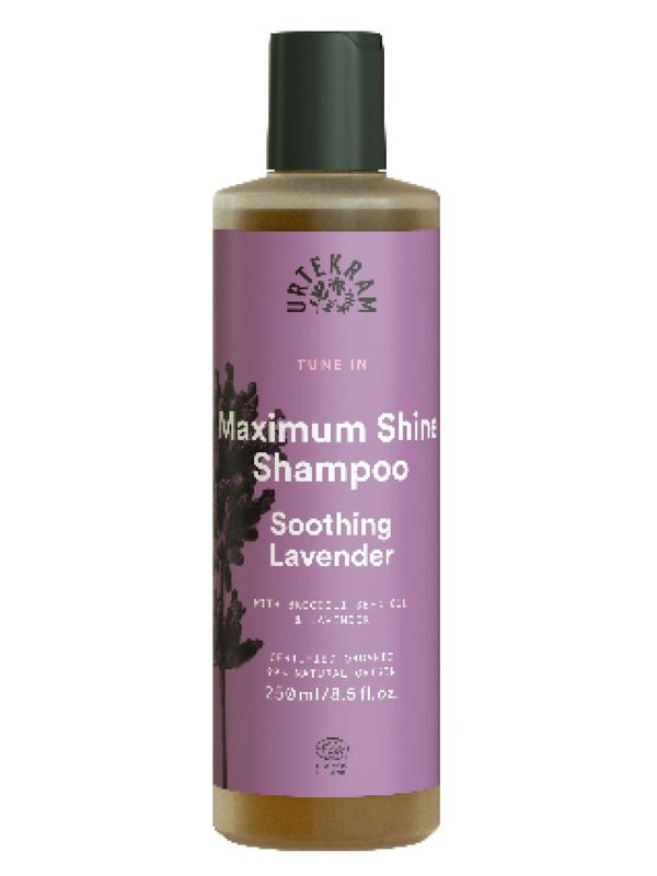 Urtekram Tune in soothing lavender shampoo bottle, 250ml, for gentle hair care with calming lavender scent.