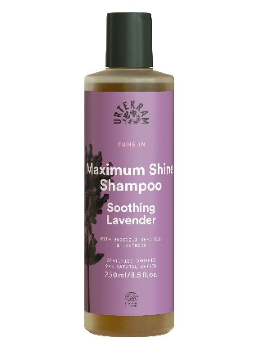 Urtekram Tune in soothing lavender shampoo bottle, 250ml, for gentle hair care with calming lavender scent.