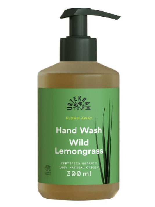 Urtekram Blown Away Wild Lemongrass hand wash bottle, 300ml, natural hand care product with fresh lemongrass scent