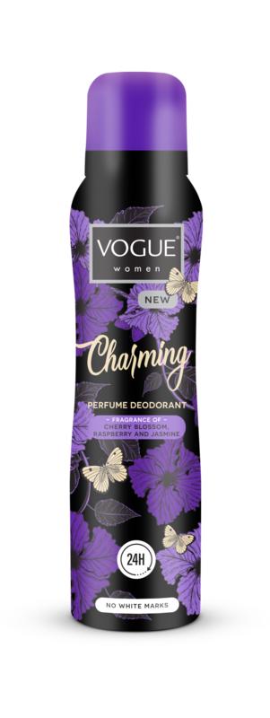 Vogue deodorant for women in a 150ml bottle with a sleek design, featuring a charming scent and brand logo.