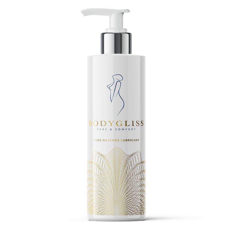 Bodygliss female care and comfort silicone lubricant in a 250ml bottle, featuring a clear, smooth liquid inside a pump dispenser.