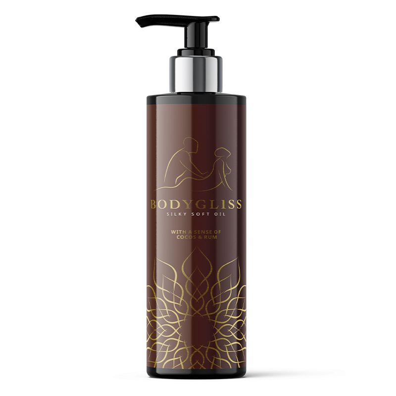 Bodygliss Silky Soft Massage Oil with coconut rum scent in a 150ml bottle, ideal for luxurious body care and relaxation.
