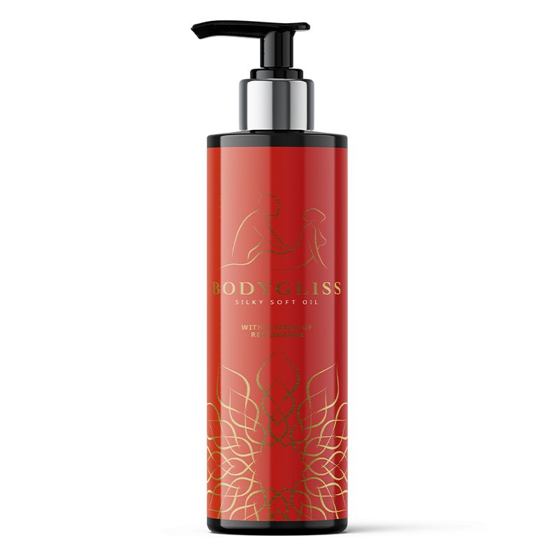 Bodygliss silky soft massage oil bottle in red orange, 150ml, for body care with smooth, nourishing texture.
