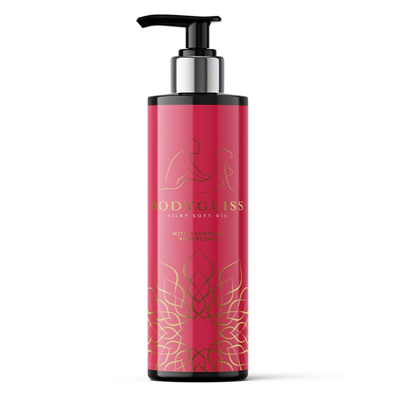 Bodygliss silky soft massage oil with rose petals in a 150ml bottle, ideal for body care and relaxation.