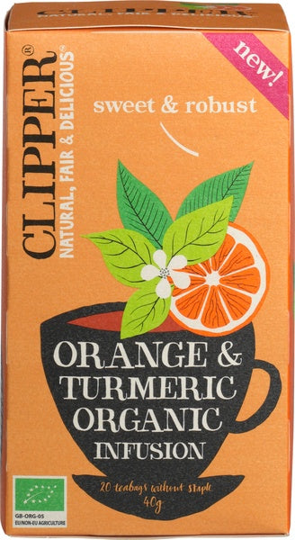 Clipper Orange & Turmeric Infusion Bio herbal tea sachets, natural herbal preparation with vibrant orange and turmeric ingredients.