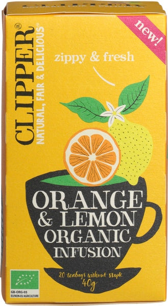 Clipper Orange & Lemon Infusion Bio herbal tea bags, natural herbal preparations with fresh citrus fruits.