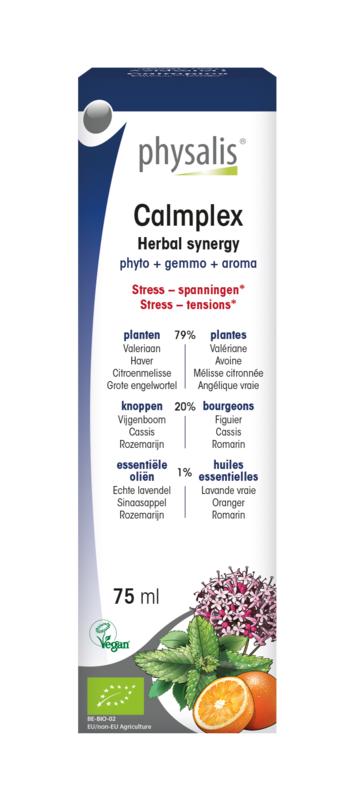 Physalis Calmplex bio herbal supplement bottle, 75ml, from Physalis, showing the product label and packaging.