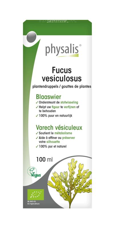 Physalis Fucus vesiculosus herbal preparation in a 100ml bottle, part of Physalis' kruidenpreparaten line, with a focus on natural ingredients.