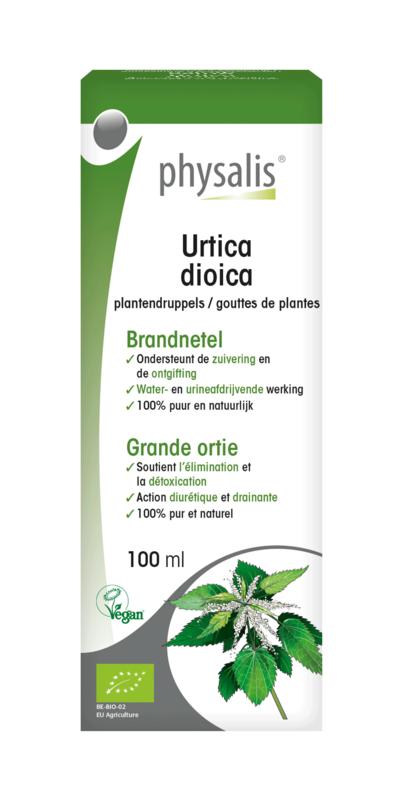 Physalis Urtica dioica organic herbal preparation in a 100ml bottle, part of Physalis kruidenpreparaten line, shown in the image.