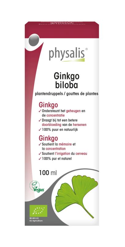 Physalis Ginkgo biloba bio herbal supplement in a 100ml bottle, part of Physalis kruidenpreparaten collection, with ginkgo leaves on label.