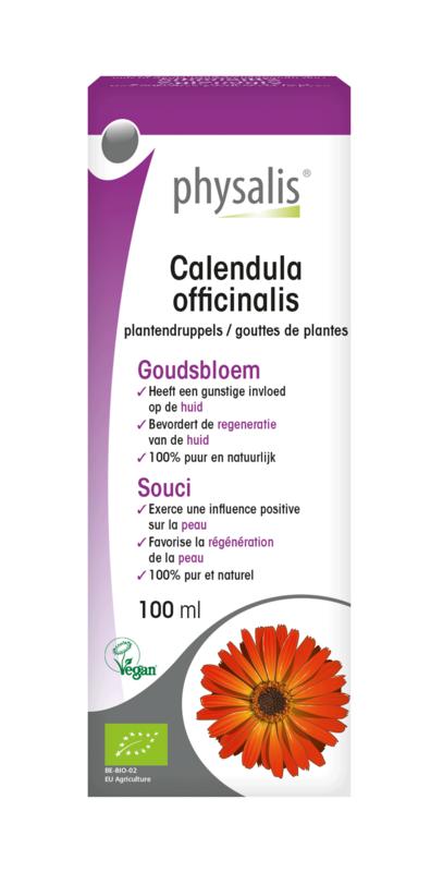 Physalis Calendula officinalis organic herbal preparation in a 100ml bottle, showcasing fresh calendula flowers and herbal packaging.