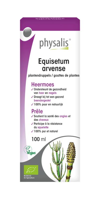 Physalis Equisetum arvense organic herbal preparation in a 100ml bottle, labeled with product details and brand logo.