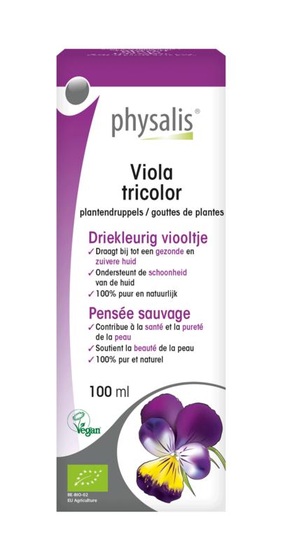 Physalis Viola tricolor organic herbal preparation in a 100ml bottle, showcasing the Physalis brand product for herbal remedies.