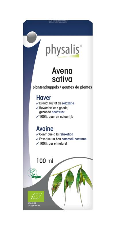 Physalis bio Avena sativa herbal preparation in a 100ml bottle, featuring oat plant parts with green leaves and label.