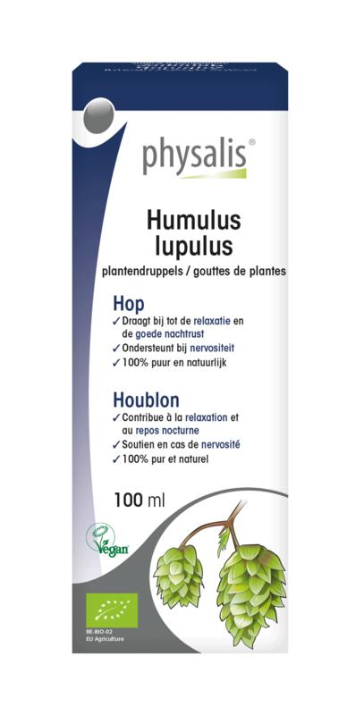 Physalis Humulus lupulus organic herbal preparation in a 100ml bottle, featuring fresh hop flowers and leaves for natural remedies.
