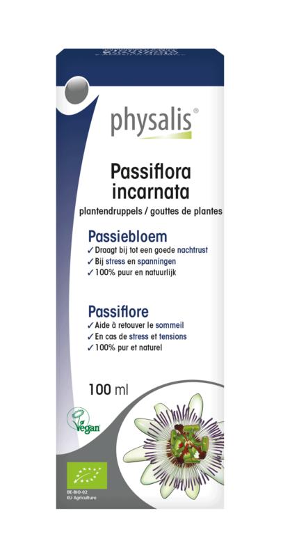 Physalis Passiflora incarnata bio herbal remedy bottle, 100ml, in a natural setting, highlighting the Physalis brand and herbal preparation.