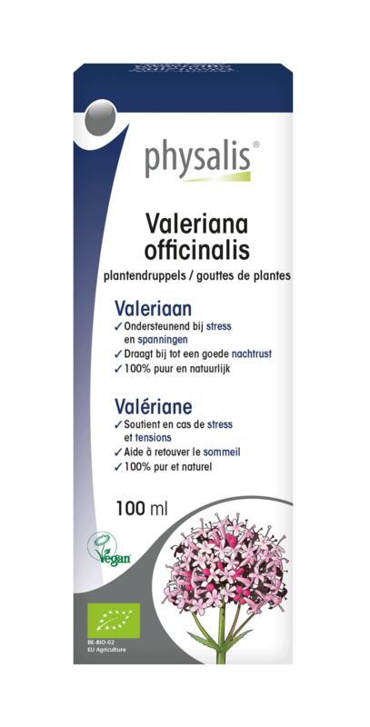 Physalis Valeriana officinalis organic herbal preparation in a 100ml bottle, used for natural herbal remedies.