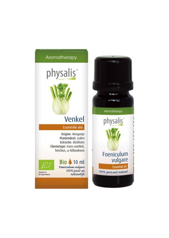 Organic Physalis Venkel herbal preparation in a 10ml bottle by Physalis, with fresh fennel and physalis fruits visible.