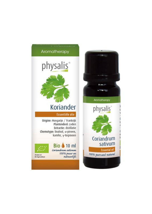 Physalis bio coriander essential oil in a 10ml bottle, natural herbal remedy, with fresh coriander leaves and oil dropper.