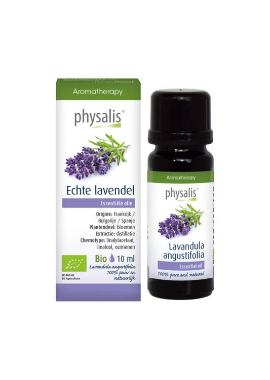 Physalis Lavendel organic essential oil in a 30ml bottle, showcasing a clear container with lavender-colored liquid.