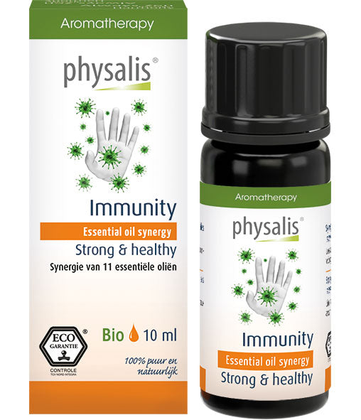Physalis Synergie immunity bio essential oil in 10ml bottle, natural etherische oliën product with orange-colored label.