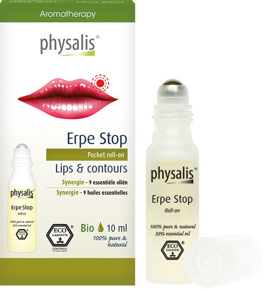 Physalis Roll-on Erpe Stop 10ml body care product, showing the roll-on bottle with label and product details.