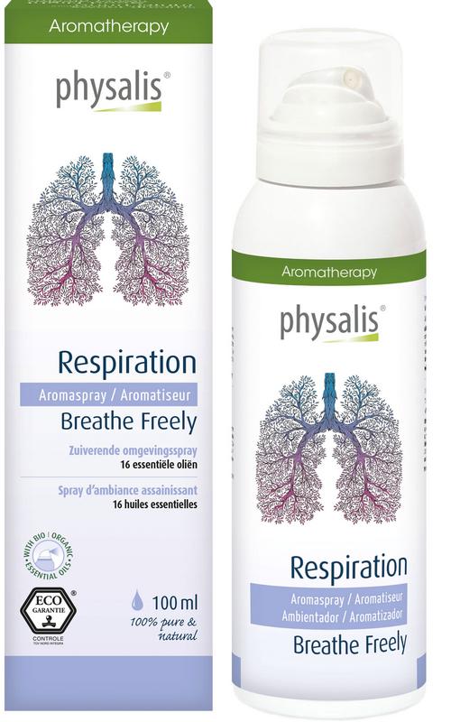Physalis Aromaspray respiration bio Huisparfum in 100ml bottle, featuring natural herbal ingredients for freshening indoor air.
