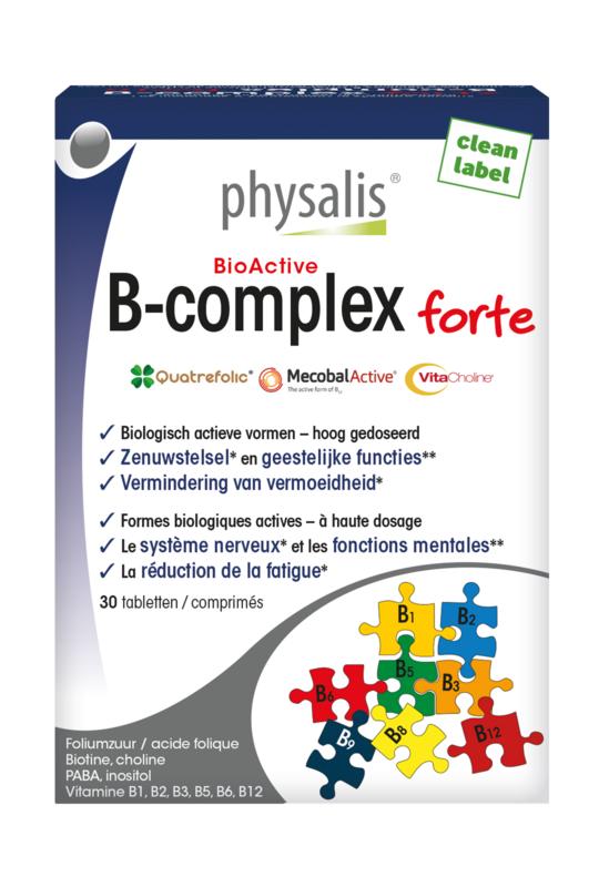 Physalis B-Complex Forte multivitamin tablets in a blister pack, providing essential B-vitamins for daily health support.