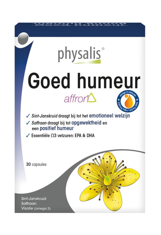Physalis Goed humeur herbal supplement capsules in a bottle, natural ingredients for mood support, on a white background.