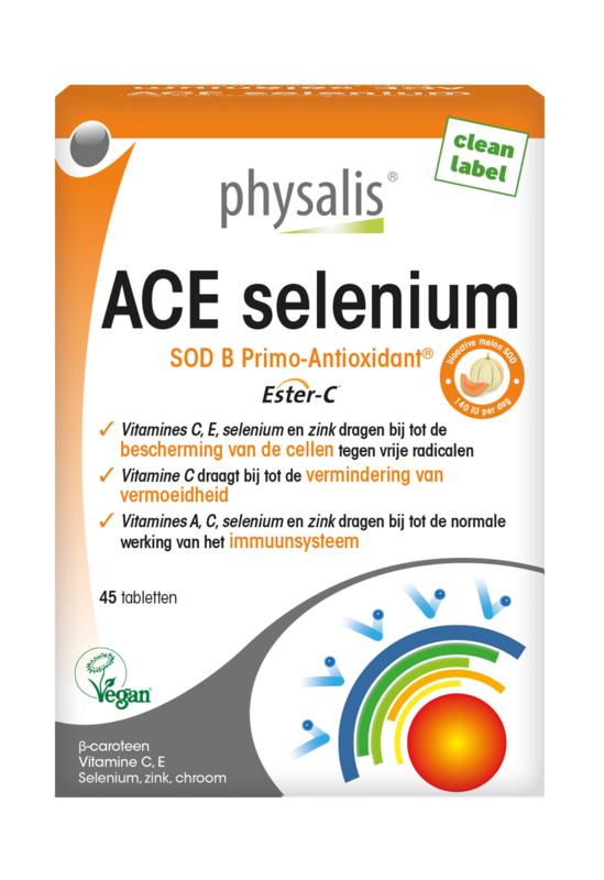 Physalis ACE Selenium multivitamin tablets, 45 count, showing the supplement bottle with tablets inside.