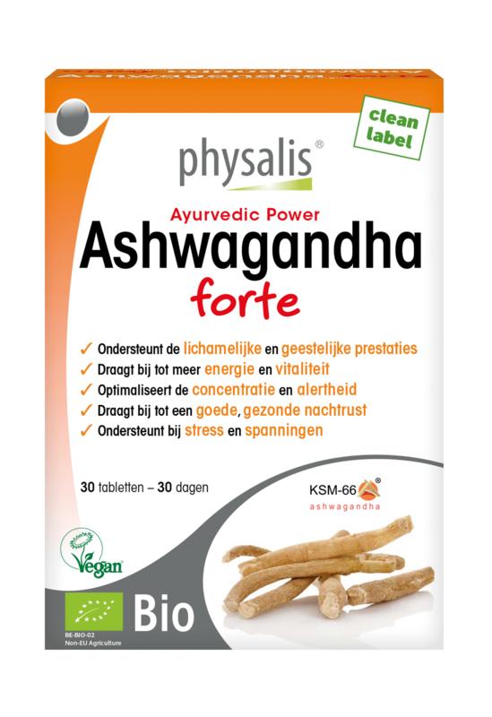 Physalis Ashwagandha Forte bio supplement with 30 tablets, natural herbal remedy for stress and vitality.
