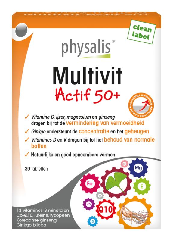 Physalis Multivit actif 50+ multivitamin tablets showing a bottle of Physalis brand multivitamins for adults over 50.