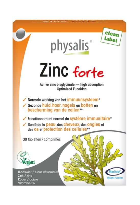 Physalis Zinc Forte 30 tablets, mineral supplement with zinc from Physalis, showing the bottle and tablets on a white background.