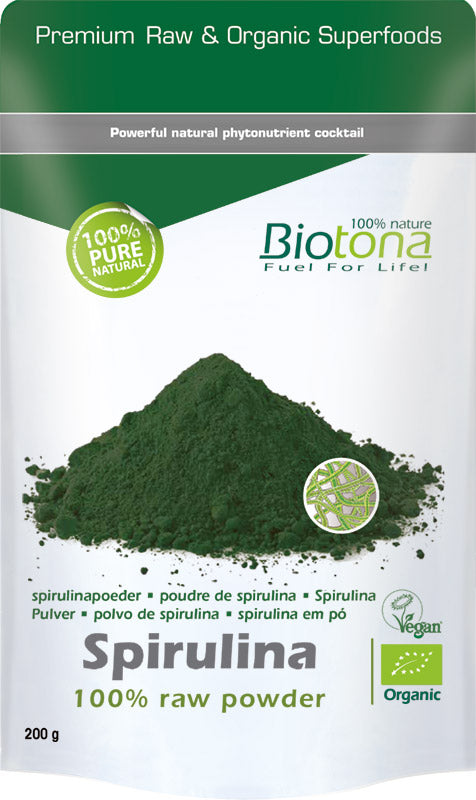 Biotona organic spirulina raw powder in a 200g package, showcasing vibrant green superfood supplement for health.