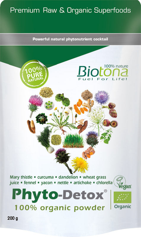 Biotona Phyto-detox organic superfood powder in 200g package, raw and natural detox supplement with green plant ingredients.