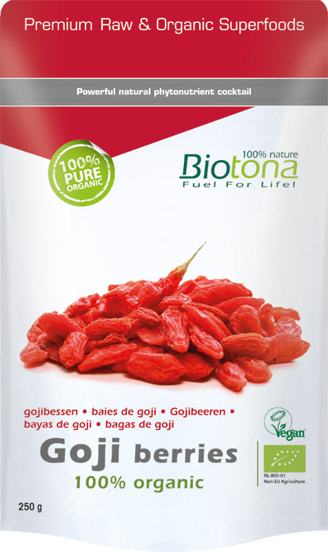 Organic Biotona Goji berries in a 250g package, showcasing dried red superfood berries on a natural background.