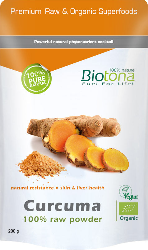 Biotona organic raw turmeric curcuma powder in a 200g package, superfood supplement with vibrant yellow turmeric roots and powder.