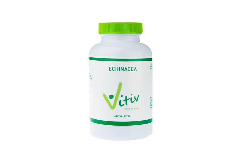 Vitiv Echinacea 400 mg tablets in a bottle, herbal supplement for immune support, part of Vitiv kruidenpreparaten line.