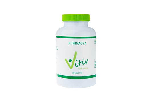 Vitiv Echinacea 400 mg tablets in a bottle, herbal supplement for immune support, part of Vitiv kruidenpreparaten line.