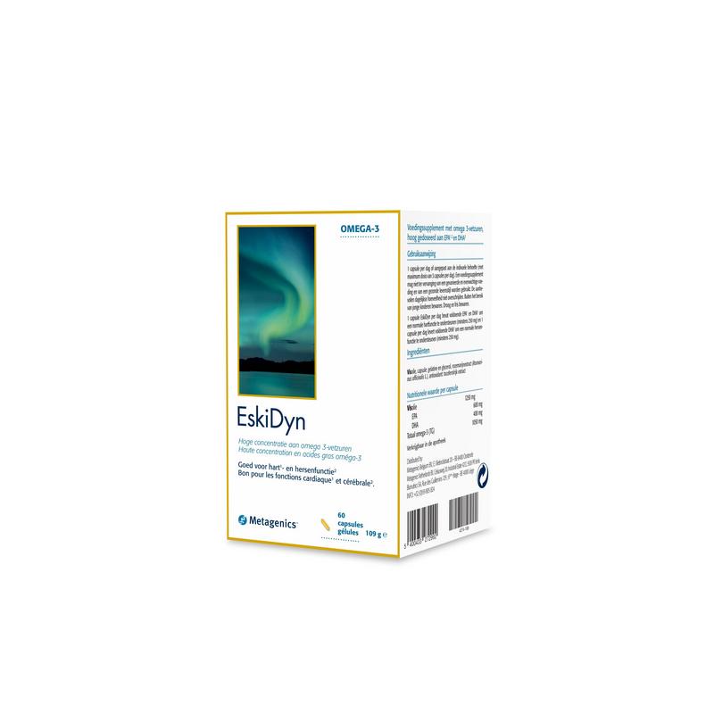 Bottle of Metagenics Eskidyn Vetzuren capsules with label showing 60 capsules in white container.
