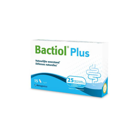 Metagenics Bactiol Plus probiotic capsules featuring micro-organisms for digestive health, shown in a bottle with 15 capsules.