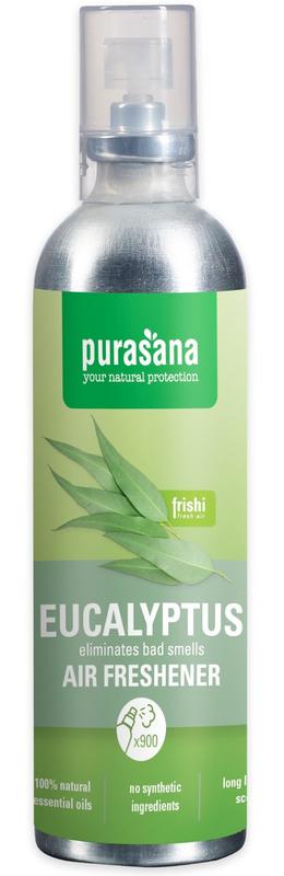 Purasana Frishi eucalyptus huisparfum spray in 100ml bottle, freshening indoor air with natural eucalyptus scent.