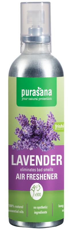 Purasana Frishi lavender air freshener bottle, 100ml, for home scenting, with lavender fragrance and sleek transparent design.