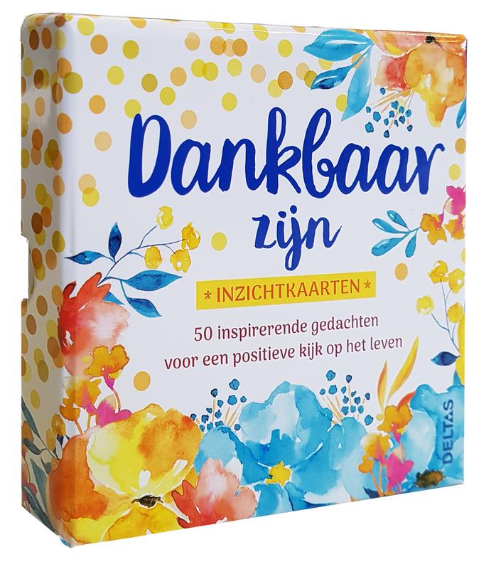 Set of Deltas Dankbaar zijn insight cards, featuring colorful designs and positive messages for gratitude and mindfulness.
