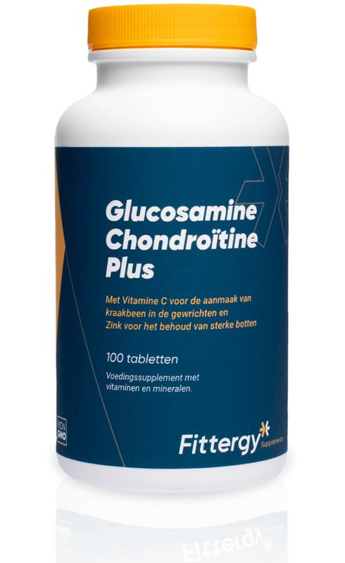 Fittergy Glucosamine Chondroitine Plus mineral supplement bottles with 100 tablets, featuring label with product details.