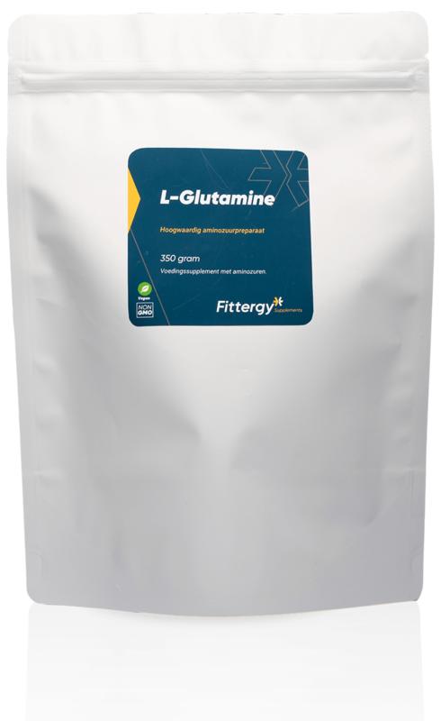 Fittergy L-Glutamine amino acid supplement in 350g container, showing the product label and packaging.